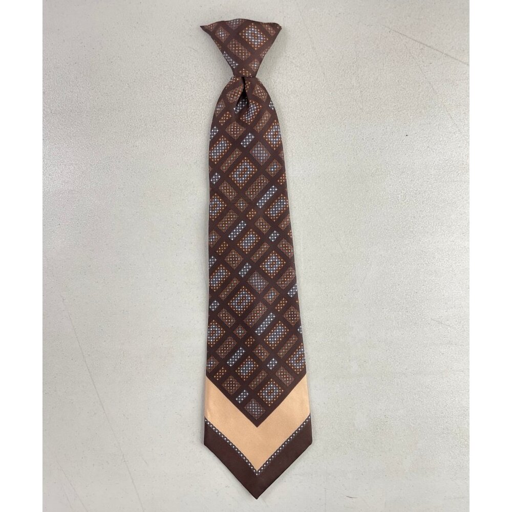 Vintage 1960s Wide Tie Geometric Art Deco Clip On Necktie 60s Brown/Beige/Orange